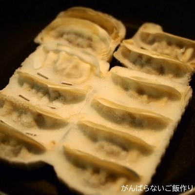 フライパンにのせたばかりの冷凍羽根つきスタミナ肉餃子