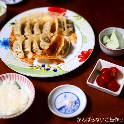 羽根つきスタミナ肉餃子を使った献立。白ご飯、枝豆豆腐、ミニトマトサラダの組み合わせ。